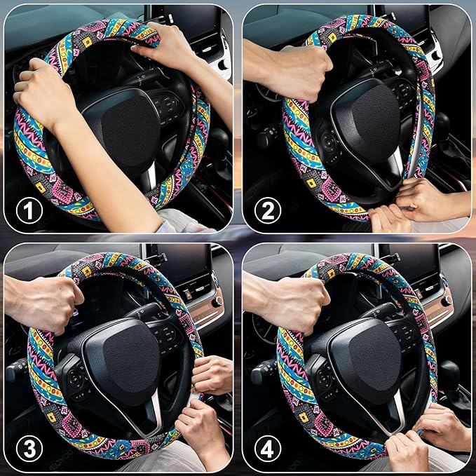 SEG Direct Steering Wheel Cover Handwoven Flax with Geometric Patterns, Anti-Slip & Breathable, Ethnic Style Steering Wheel Protector, Fits 14.5" - 15.25" Wheels