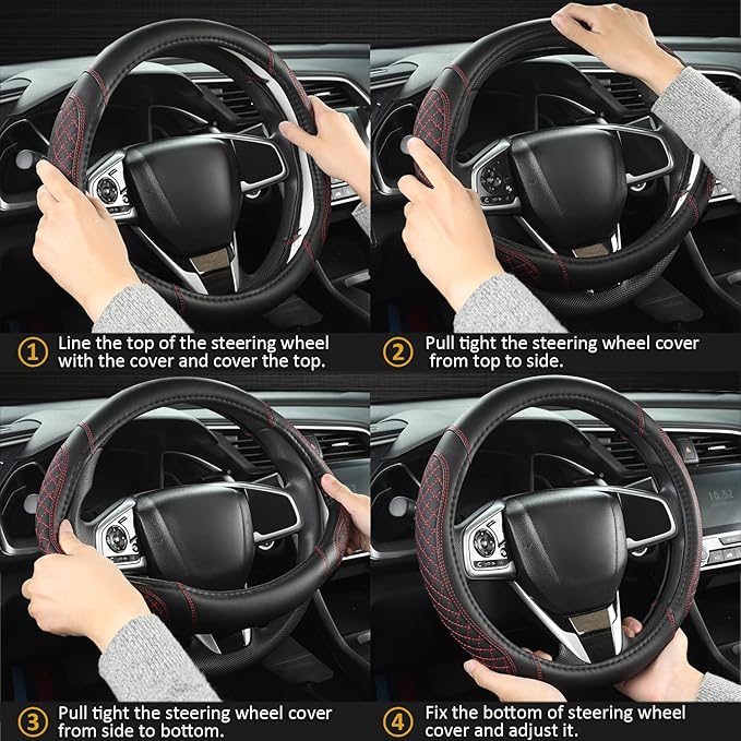 West Llama Car Steering Wheel Cover for Ford Escape,Explorer,Fusion,Focus,Bronco,Transit,Edge(Diamond Quilted - Black+Red- Standard Size)