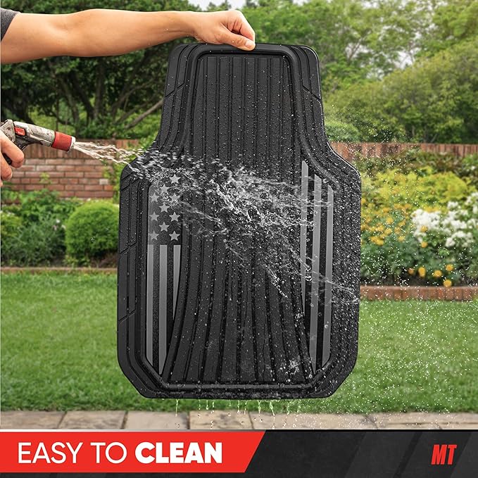 MotorTrend Black Flag Rubber Floor Mats – All Weather Car Mats with American Flag Stars & Stripes Design, Heavy-Duty Automotive Floor Mats for Cars, SUVs & Trucks Black/Grey