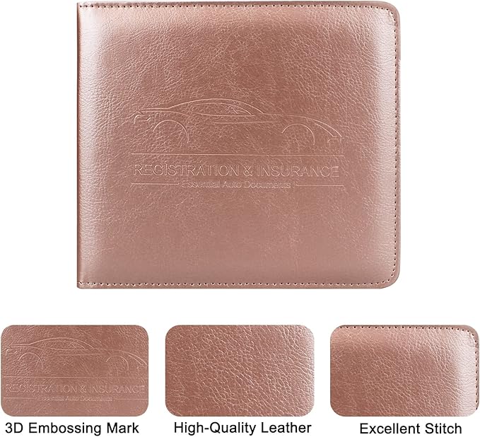 LumiMokki Car Registration and Insurance Holder, Leather Registration and Insurance Card Holder, Vehicle Glove Box Organizer - For Documents, Cards, License (Rosegold)
