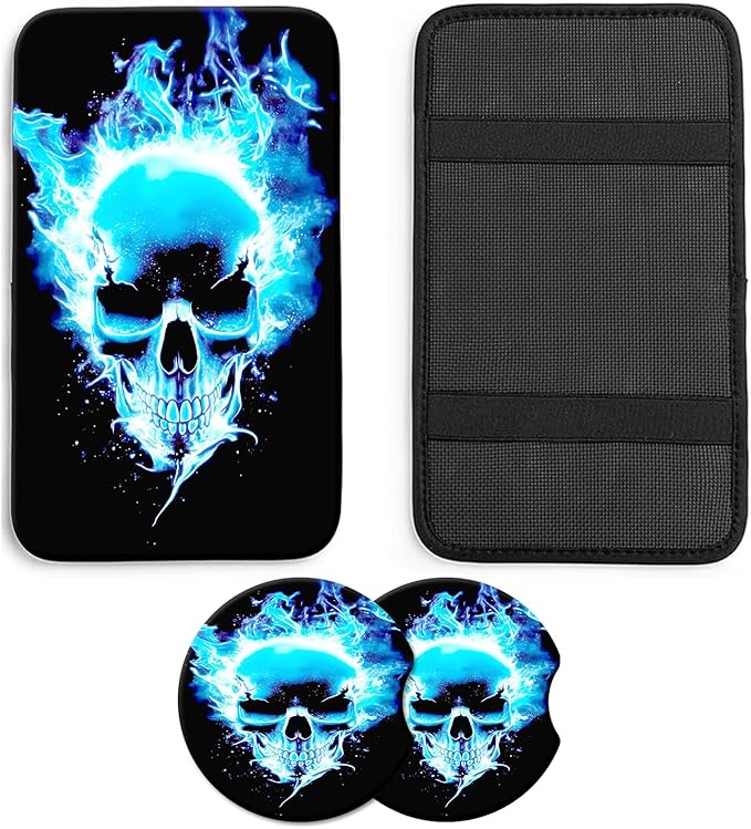 JANENFNA Car Armrest Cover Pads Universal Fashion Cute Auto Center Console Armrest Cover Pad with 2PCS Car Coasters Soft Waterproof Car Armrest Seat Protector for Women,Blue Flame Skull