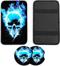 JANENFNA Car Armrest Cover Pads Universal Fashion Cute Auto Center Console Armrest Cover Pad with 2PCS Car Coasters Soft Waterproof Car Armrest Seat Protector for Women,Blue Flame Skull