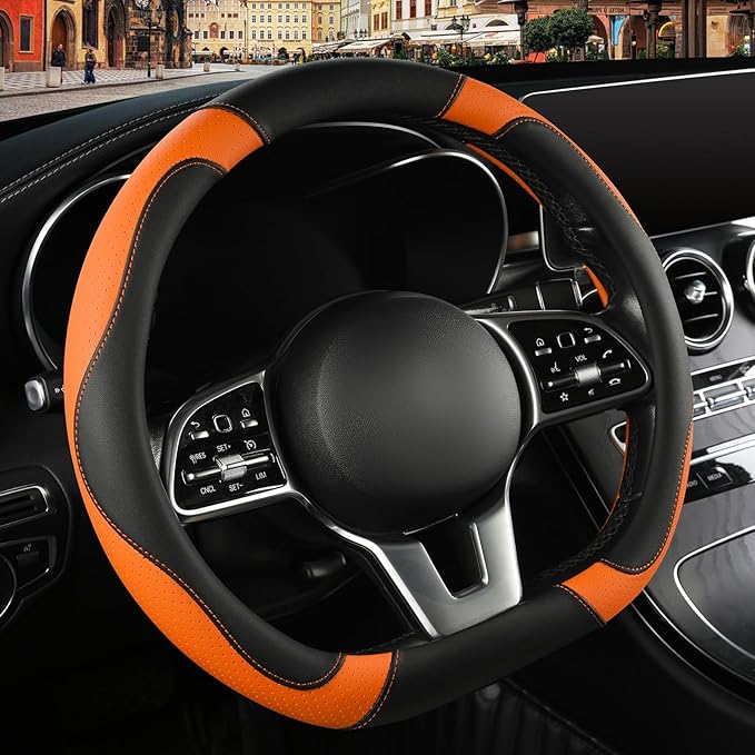 Binsheo Microfiber Leather D Shaped Steering Wheel Cover, Breathable, Anti Slip, Universal 15 inch, Black with Orange