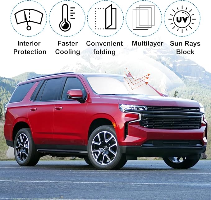 Windshield Sun Shade Custom Fit for 2021 2022 2023 2024 2025 Chevrolet/Chevy Tahoe Accessories Foldable Sunshade Sun Blocker Protect Car from Sun Rays & Heat Damage Keep Car Cooler