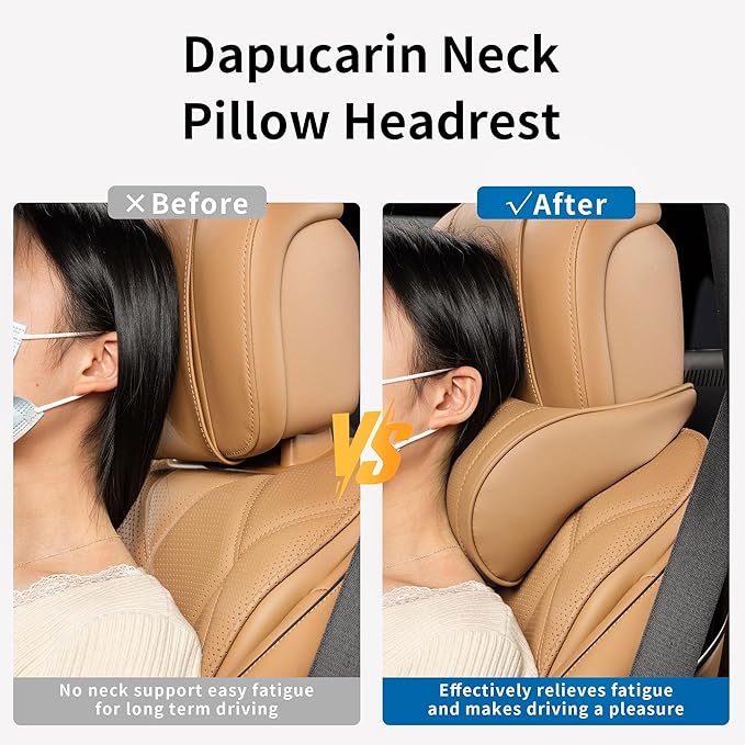 Dapucarin Car Headrest Memory Foam Neck Pillow for Driving with Leather Cover Soft Comfortable Seat Head Pillow Cushion for Most Cars SUV Sedan Home Office Palomino Brown (2PC)