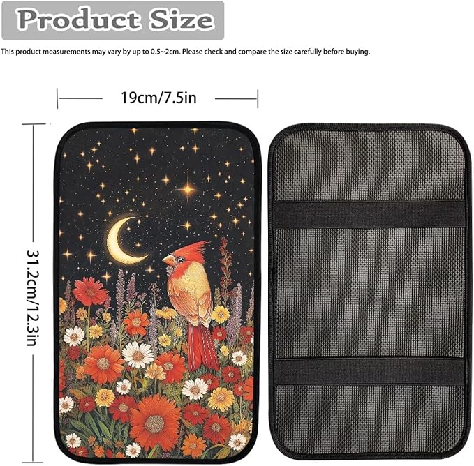 Cardinal Flower Print Armrest Cover Pad for Car Moon Star Print Car Armrest Box Protector Pad Universal Fits for Sedan Truck SUV, Easy to Install Auto Decor for Women Men