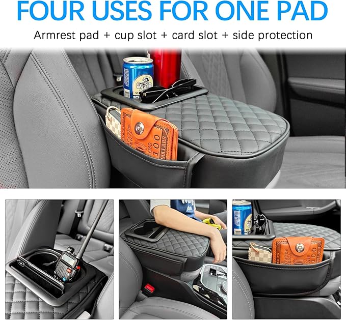 MAIKER Auto Center Console Armrest Pillow, PU Leather Car Armrest Cushion with Cup Holder, Phone Holder and 2 Side Storage Bag, Universal Car Armrest Box Cover Protector for Most Vehicles
