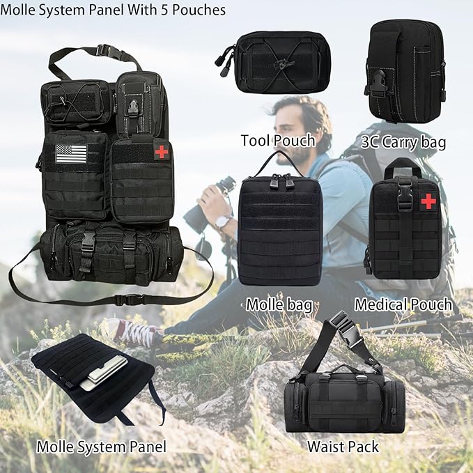 MEAUTELE 6 Pack Tactical Molle Car Seat Back Organizer Tactical Vehicle Panel with 5 Detachable Molle Pouch for Car Truck Ford Jeep Vehicle,US Patch Automotive Organizer For Man (5 Pouches)