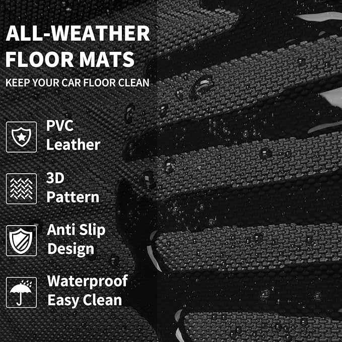CAR PASS PVC Deep Dish Car Mats Full Set, Waterproof All Weather Luxury Faux Leather Car Floor Mats 4 Piece, Anti-Slip Universal Fit for Sedans Suvs Vans MiniTrucks,Durable & Easy Clean, All Black