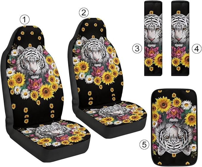 Oramclsy Tiger Heavy Duty Car Seat Covers with Armrest Pad and Sunflower Seat Belt Pads 5 Pack Universal Auto Interior Protector Set Universal Size