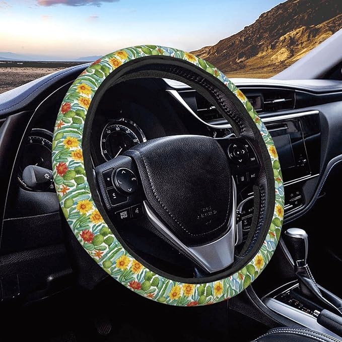 FeHuew Watercolor Cactus Floral Steering Wheel Cover for Women, Girls 15 inch Universal Auto Car Anti Slip Wrap Steering Wheel Covers Fit for Vehicles, Truck, SUV