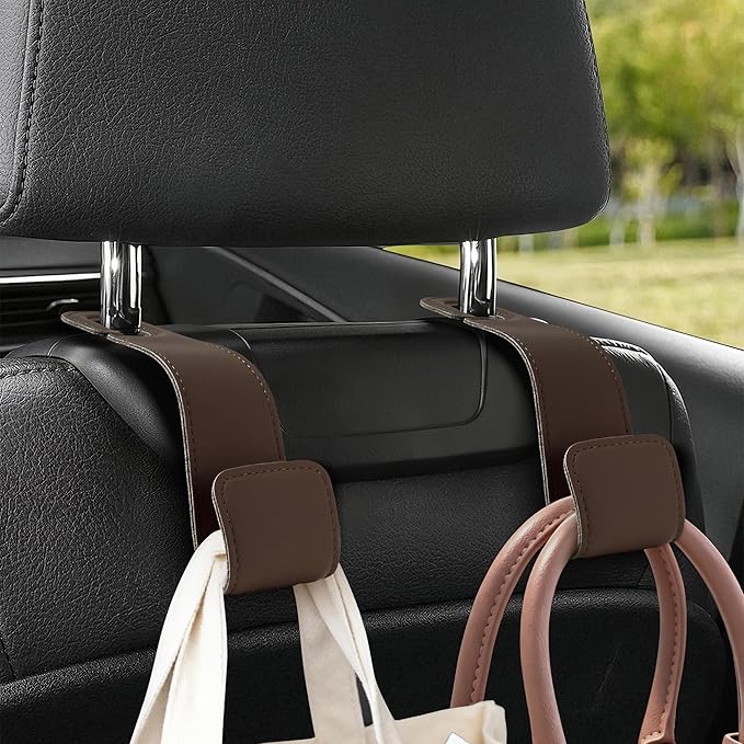 Romiona Leather Car Purse Hooks with Larger Strap Holder Purse Hook Purse Holder for car car seat Back Hooks Automotive seat Back Organizer headrest Hooks for Bags and Purse (Brown, 2pcs)