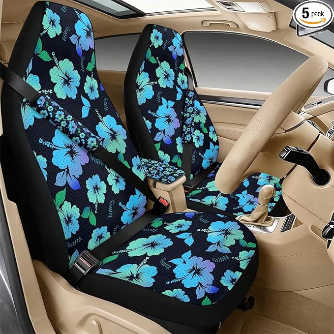 Psesaysky Universal Leather Car Seat Covers Set, Blue Hibiscus 2 Front Seat Protectors + 2 Seat Belt Pads + 1 Center Console Armrest Cover (5 Pieces Full Set)
