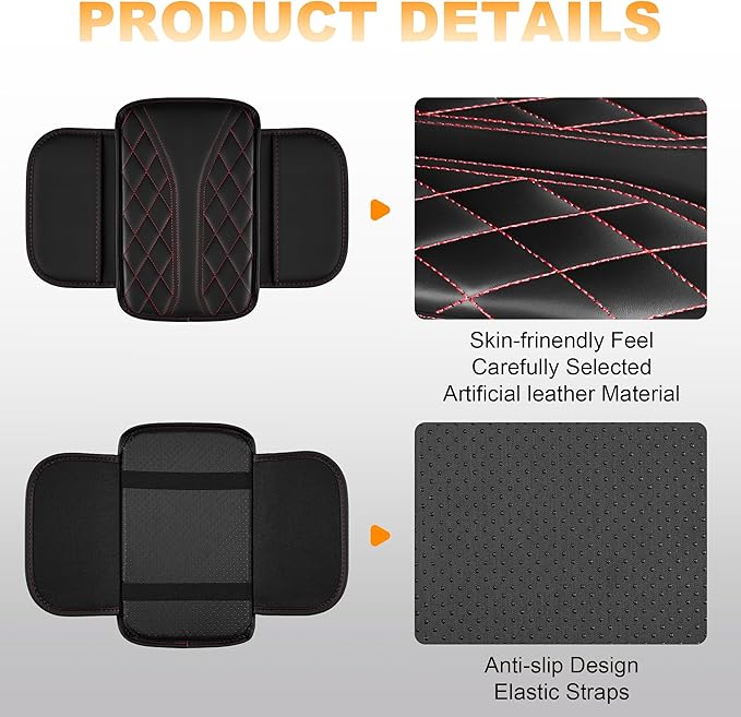 Car Armrest Cover Fit for Buick Lacrosse Console Armrest Protector with 2 Storage Pockets Quilted Leather Non-Slip Backing (Black & Redline)