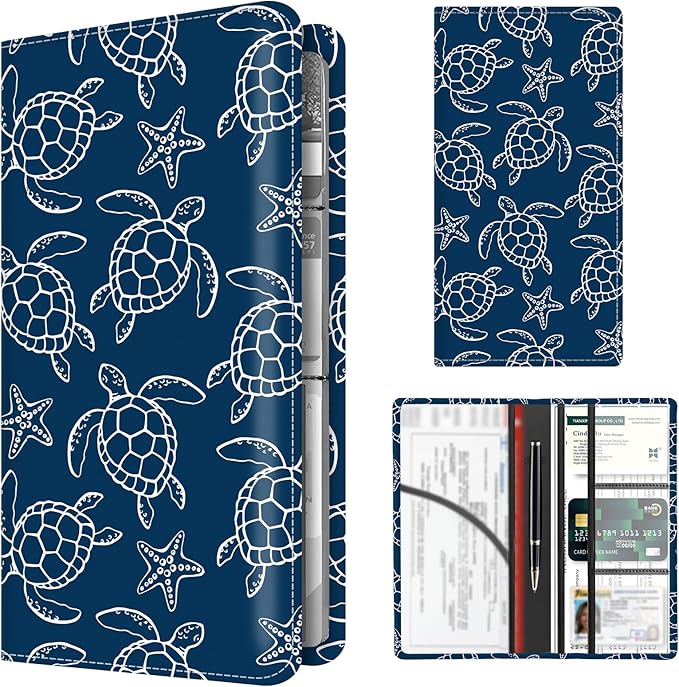 BAUCIWLD Premium Car Registration and Insurance Card Holder, Cute PU Leather Car Document Holder, Vehicle Glove Box Car Organizer with Magnetic Closure for Driver License, Cards Navy Turtle Starfish