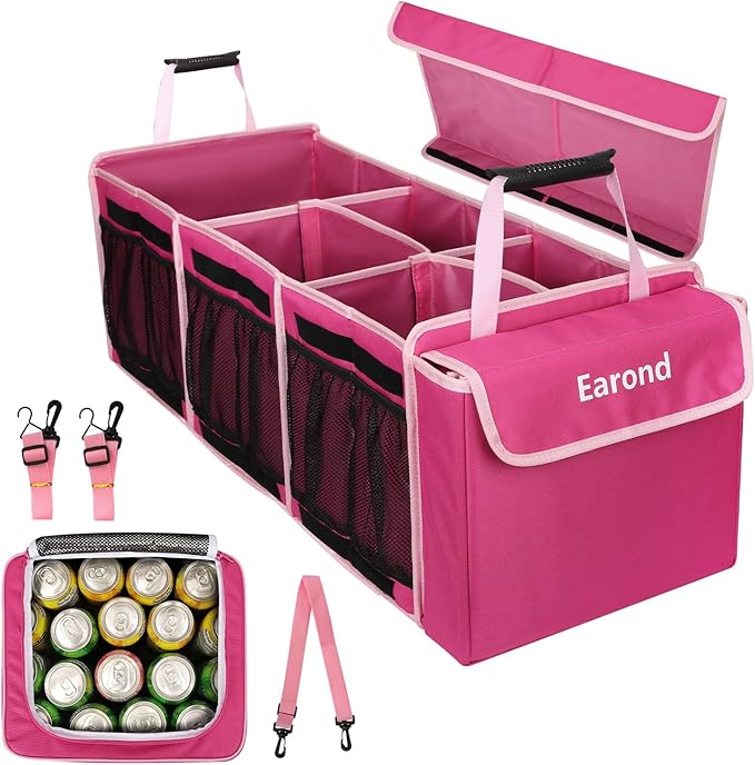 EAROND Collapsible Trunk Organizer with Insulated Leakproof Cooler Bag,Removable Lid,Adjustable Securing Straps,3 Compartments Trunk Organizer for SUV,Truck,Sedan(Pink)