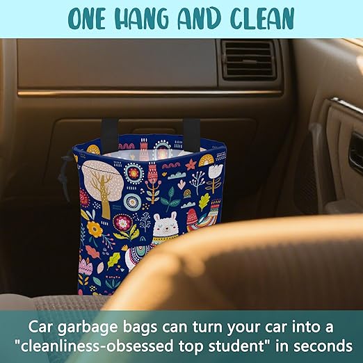 KXWQTRDD Car Garbage Bag Colorful Llama Flowers and Birds Hanging Canvas Car Trash Bag Waterproof Drawstring Car Back Seat Organizer for Car Back Front Seat Console with Adjustable Buckle