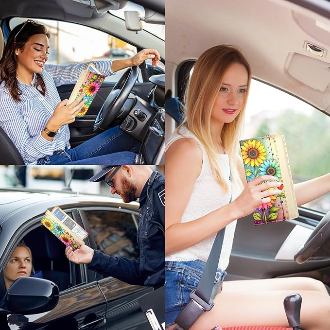 FinestHouse Car Registration and Insurance Holder with Magnetic Closure, Universal Document Organizer for License, Insurance Cards & Glove Box Storage (Sunflower-Colorful)
