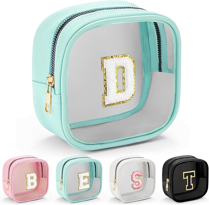 YOOLIFE Initial Make Up Bag Travel Toiletry Bag, Clear Makeup Bag Preppy Cosmetic Bags Organizer Travel Essentials Gifts for Women Teen Girlfriend Teacher Mom Birthday Gifts Mini Blue D