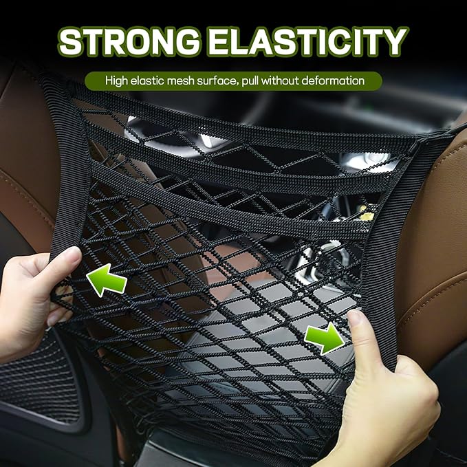 3-Layer Car Mesh Organizer, Kid Dog Pet Net Barrier Between Front Seats, Elastic Tissue Purse Holder Driver Storage Netting Pouch, Universal Stretchable Car Seat Mesh Bag