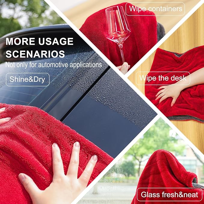 Singrune 2 Pack XL Car Drying Towel – 1300GSM Ultra Absorbent Microfiber, 24"x36" Large Size, Twisted Loop, Lint-Free & Streak-Free for Auto Detailing, Car, SUV, Truck(Gray-RED)
