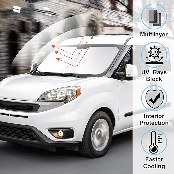 Windshield Sun ShadeCustom Fit 2014-2024 2025 Dodge RAM ProMaster Accessories Full Size Cargo Van Chassis Cab Cutaway Front Window Sunshade Rays Reflector Keeps Car Cooler