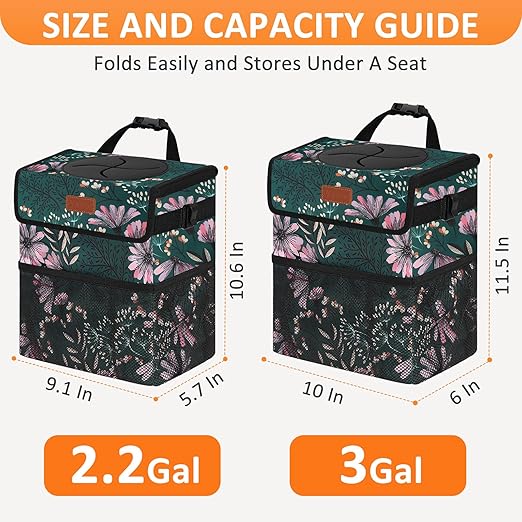 Vankor 3 Gallons Car Trash Can with Lid, Car Trash Bag Bin Hanging Waterproof Automotive Garbage Cans Leak Proof Vehicle Trash Can Navy Floral