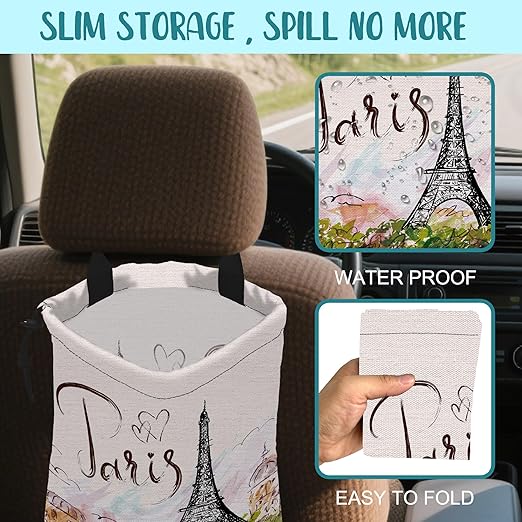 KXWQTRDD Car Garbage Bag Eiffel Tower Paris Drawstring Car Trash Bag Hanging for Back Seat with Adjustable Buckle Canvas Vehicle Trash Can Easy-to-Install