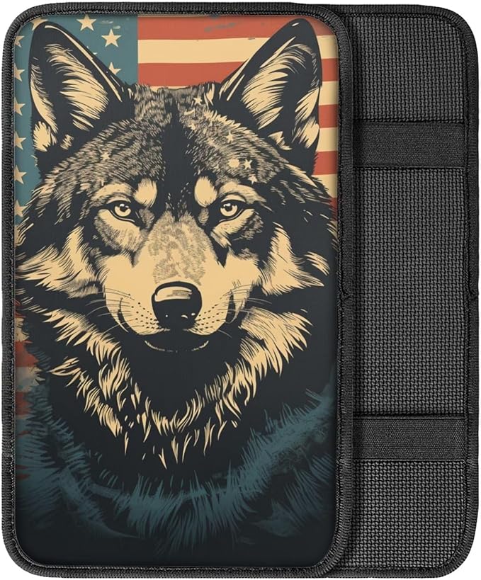 Car Center Console Pad, Universal Waterproof Car Armrest Seat Box Cover, Car Interior Accessories for Most Vehicle SUV Truck Vintage American Flag Wolf Car Armrest Pad