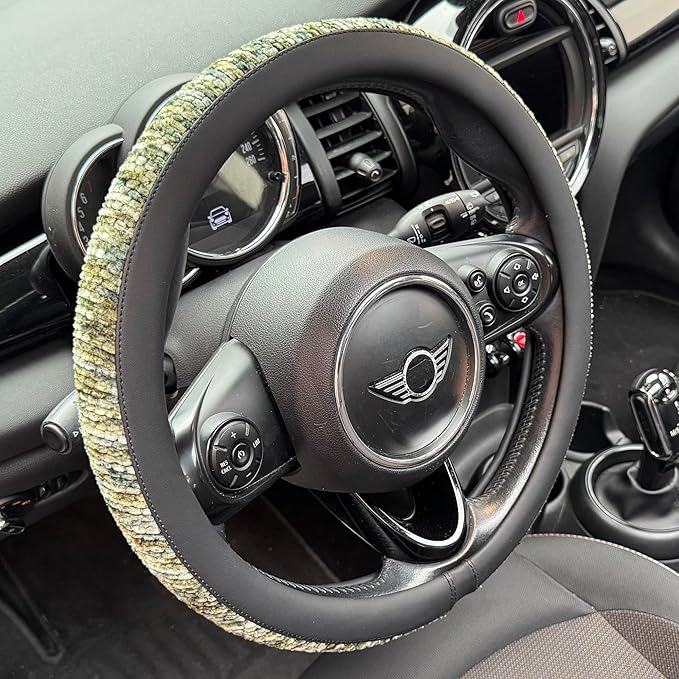 PINCTROT Large Size Chenille Leather Steering Wheel Cover, Soft Mottled Colors, Sweat-Proof, Non-Slip Grip, All-Season Comfort, 15.5-15.75 Inch(Mottled Green)