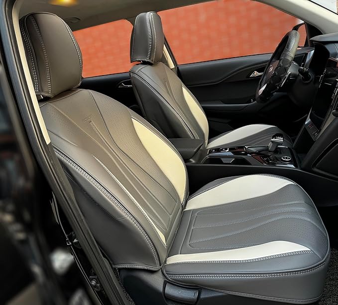 PINCTROT Car Seat Covers Front Set, Breathable Soft Pebbled Leather, Luxury Waterproof Seat Cushion, Airbag Compatible, Seat Protector Universal Fit Most Cars (Front Set, Grey Beige)