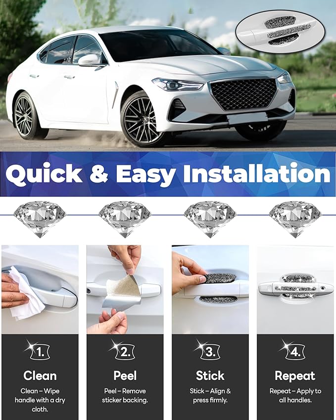 Bling Car Door Handle Protector, 10 PCS, Black Sparkling Rhinestone Cars Door Protective Cover, Anti-Scratch Auto Handles Sticker, Universal Bling Car Accessories for Women