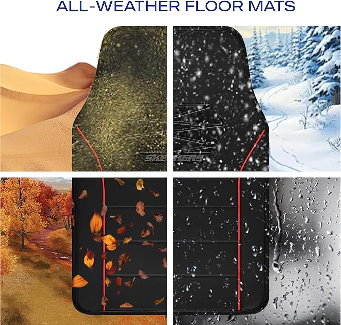 Skechers Memory Foam Car Mats,Leather Piping Floor Mats with Anti-Slip Pad,Universal Waterproof Fit Automotive Floor Mats for SUV,Vans,sedans,Trucks,Full Set 4pcs Red