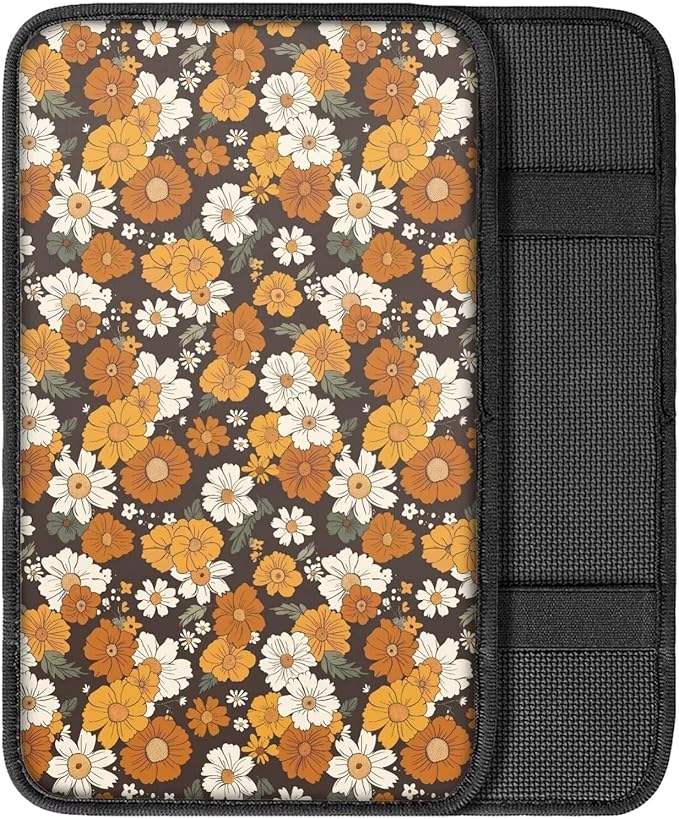 Mintutlipy Hippie Flower Orange Car Center Console Cover Car Armrest Cushion Cover Universal Car Accessories Compatible with Most Cars