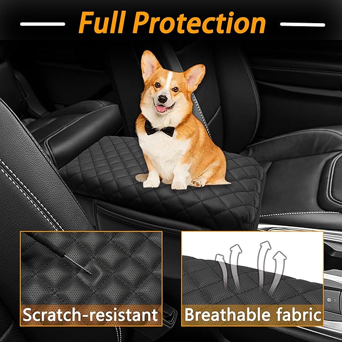Center Console Cover for Ford Explorer 2026 2025 2020-2024 Accessories 1.2in Thickness Armrest Cover Leather Arm Rest Box Lid Protector Cushion Pad Middle Console Cover with Side Pockets(Black Stitch)