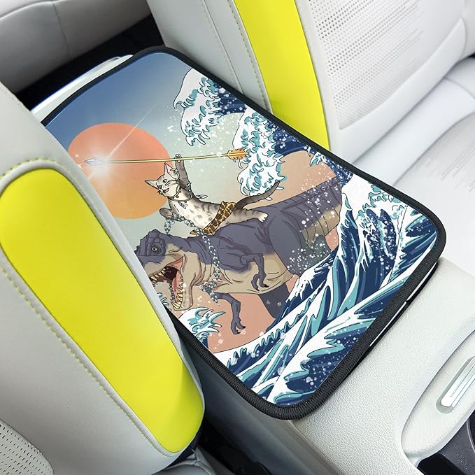 Cat and Dinosaur Car Center Console Cover,Car Armrest Pad Car Armrest Seat Box Cover Protector for Most Vehicle, SUV, Truck, Car