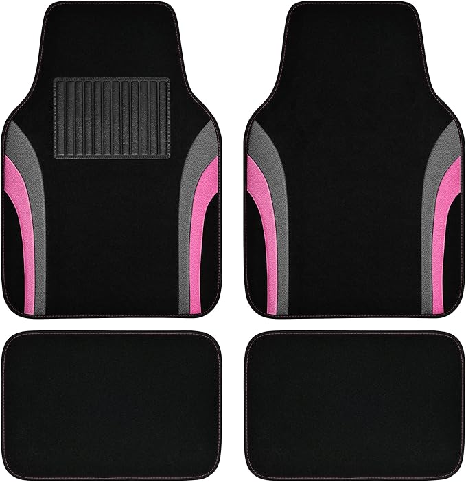 CAR PASS Leather Sporty Car Floor Mats Carpet, Universal Waterproof Automotive Floor Mat Fit for Sedans, Cars, Mid Trucks, Vans, SUV, Set of 4 (Black and Pink)