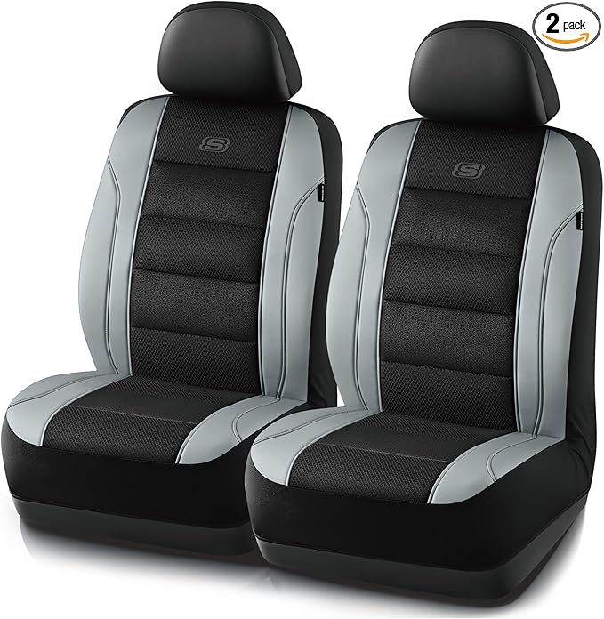 Skechers Men’s Air-Cooled Seat Covers, Memory Foam Car Seat Covers Front Seats, Airbag Compatible,Universal Fit for Most Cars, SUVs, Vans and Trucks,Grey