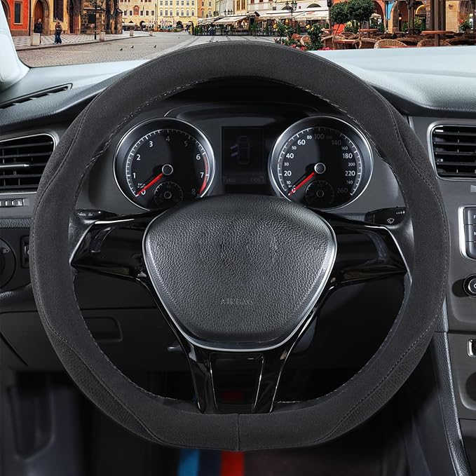 Black Suede D Shaped Steering Wheel Cover, Breathable Non-Slip Sweat-Proof Wear-Resistant No Pilling, Warm in Winter and Cool in Summer, Universal 15 inch