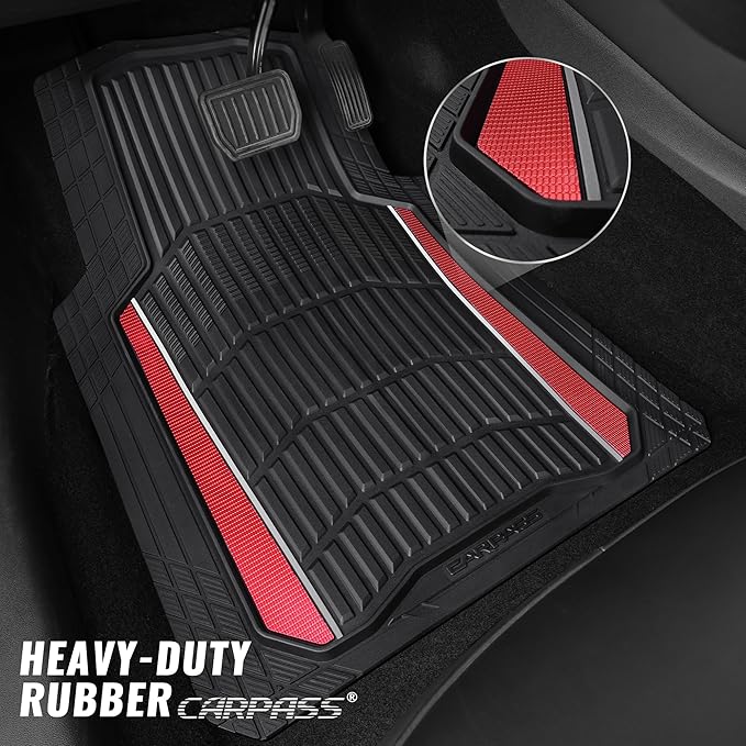 CAR PASS Heavy Duty Rubber Car Floor Mats, Deep Waterproof Car Floor Mats All Weather, Aluminum Film Floor Mats for Cars Non-Slip Universal Trim to Fit for SUVs Trucks Sedans Vans, Black Red Metallic