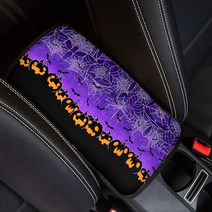Mintutlipy Car Center Console Cushion Cover Car Interior Accessories Universal 12.3×7.5 Inches Automotive Armrest Protector-Halloween Spider Web Pumpkin
