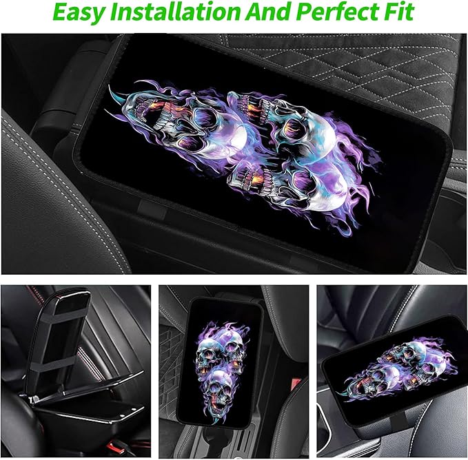JANENFNA Car Armrest Cover Pads Universal Fashion Cute Auto Center Console Armrest Cover Pad with 2PCS Car Coasters Soft Waterproof Car Armrest Seat Protector for Women,Flame Skull
