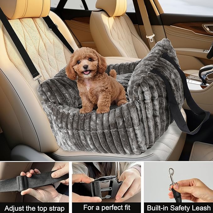 HOMLOVE Dog Car Booster Seat, for Small Dogs Under 30 lbs, Detachable Washable Travel Bed with Storage Pockets and Safety Belt (Coffee, Medium)