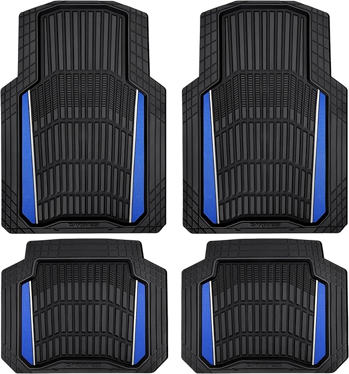 CAR PASS Heavy Duty Rubber Car Floor Mats, Deep Waterproof Car Floor Mats All Weather, Aluminum Film Floor Mats for Cars Non-Slip Universal Trim to Fit for SUVs Trucks Sedans Vans, Black Blue Metallic