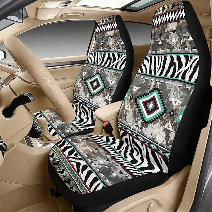 Qeluxign 5-Piece Car Accessories Set Tribal Zebra Print Universal Fit PU Leather Seat Covers Seatbelt Pads and Armrest Cover for Cars, Trucks, SUVs
