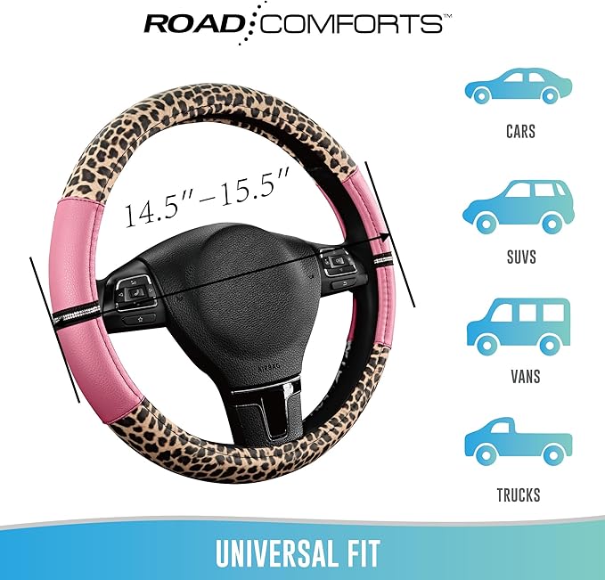Road Comforts Leopard Steering Wheel Cover - Made with PVC Leather Cheetah Print - Anti-Slip, Universal Fit 14 1/2 inches to 15 inches - Pink