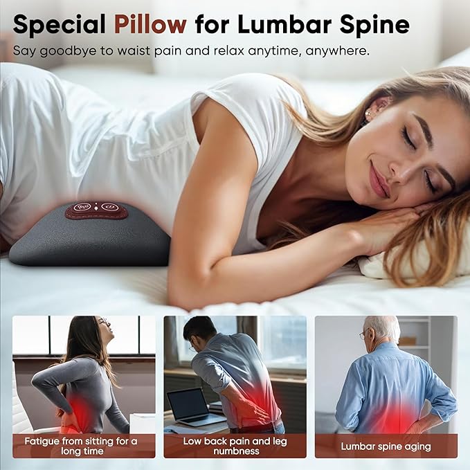 3 in 1 Upadate Rechargeable Electric Lumbar Support Pillow with Adjustable Height for Bed and Chair,Back Massager with Heat,Back Massager for Pain Relief Deep Tissue,Waist Wedge Bolster (Black)