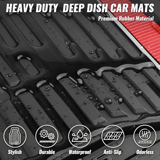 CAR PASS Heavy Duty Rubber Car Floor Mats, Deep Waterproof Car Floor Mats All Weather, Aluminum Film Floor Mats for Cars Non-Slip Universal Trim to Fit for SUVs Trucks Sedans Vans, Black Red Metallic