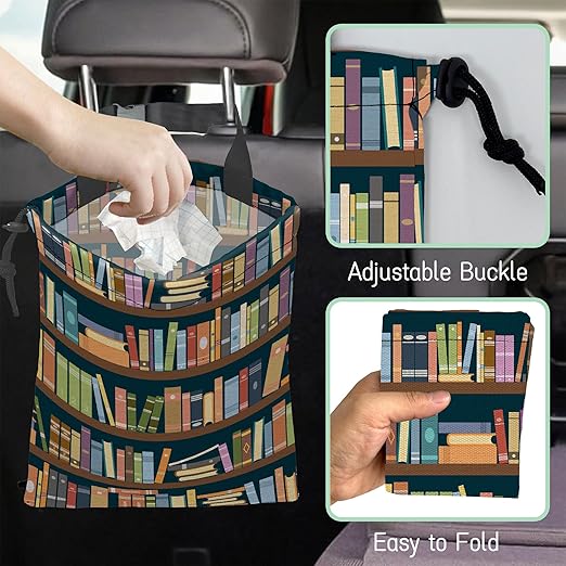 NHNXHWIA Book Shelves Car Trash Bag,Hanging Drawstring Car Garbage Bag,Waterproof Canvas Car Back Seat Organizer with Adjustable Buckle,for Vehicles,SUVs,Camping,Road Trips
