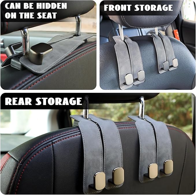 MROUEN 4 PCS Car Seat Back Storage Hooks, Car Hooks Purses and Bags Cute, Leather Seat Hooks, Purse Holder & Mobile Phone Holder, Bag, Purse Hanger